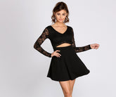 Long Sleeve Lace & Crepe Skater Dress